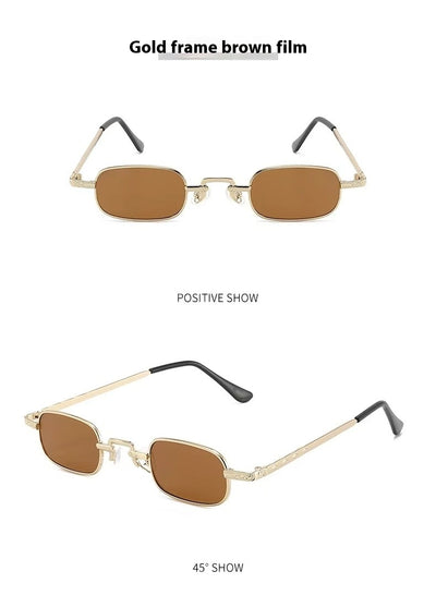 Trendy rectangular sunglasses with gold metal frames and brown lenses, shown from front and a 45-degree angle. - Image 7
