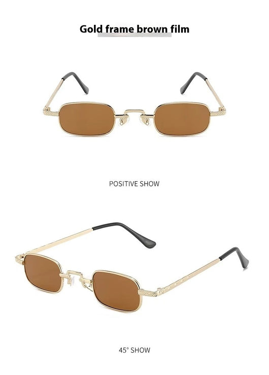 Trendy rectangular sunglasses with gold metal frames and brown lenses, shown from front and a 45-degree angle. - Image 7