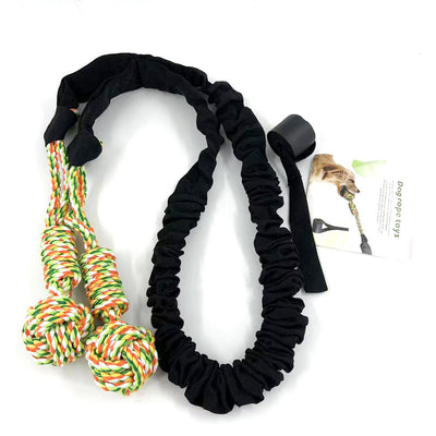 Grey elastic dog tug-of-war rope with two colorful knotted cotton rope ends and a black suction cup. - Image 6
