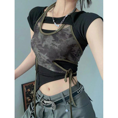 Blusa Retro Hot Girl Estampada Manga Corta con Tirantes - Diseño Verano Chic - Image 4