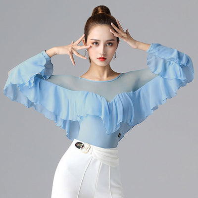 Vestido de Danza Manga Larga Hoja de Loto Blanco - Top de Vals Latino - Image 2
