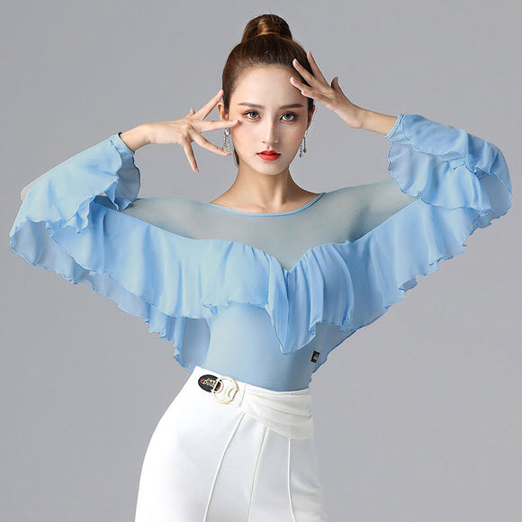 Vestido de Danza Manga Larga Hoja de Loto Blanco - Top de Vals Latino