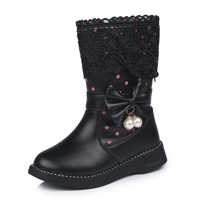 Pink girls' boots with lace trim, polka dots, side zippers, and decorative bows with pearl charms. - Image 7