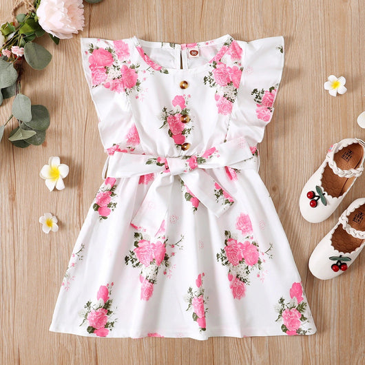 Vestido Infantil Floral con Volantes y Cinturón para Niñas - Image 9