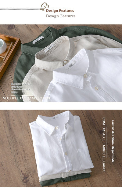 Camisa de Lino y Algodón para Hombre - Manga Larga Color Sólido - Image 12