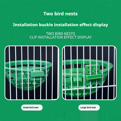 Green plastic bird nest with a grid design and an attached clip, measuring approximately 17.5cm wide. - Image 4