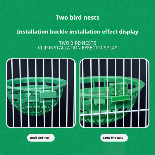 Green plastic bird nest with a grid design and an attached clip, measuring approximately 17.5cm wide. - Image 4
