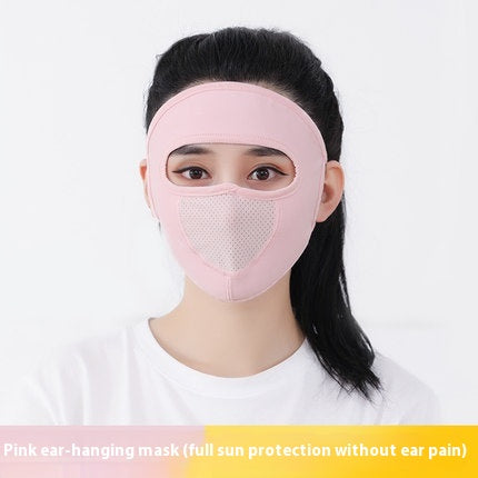 Light pink ice silk sun protection mask with ear loops and neck coverage, featuring small ventilation holes. - Image 37