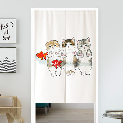 White segmented fabric door curtain with a cartoon design of three cats cooking and surrounded by fried eggs. - Image 5