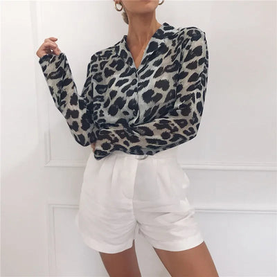Blusa Vintage Leopardo Manga Larga Cuello Solapa Oficina Talla Grande - Image 14
