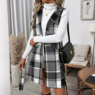 Women's Retro Plaid Vest with Laces and Turtleneck