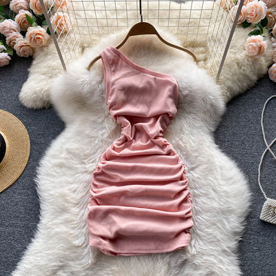 Vestido Tubo Plisado con Hombro Inclinado - Diseño Elegante en Colores Sólidos - Image 34