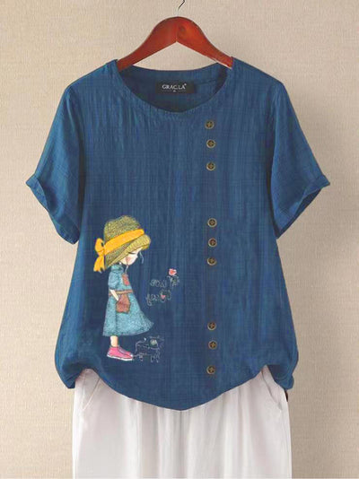 Camiseta Suelta de Manga Corta con Estampado Retro para Mujer - Image 8