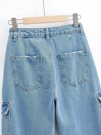 Jeans Azul Lavado Talle Alto Pierna Ancha con Bolsillos Decorados para Mujer - Image 14