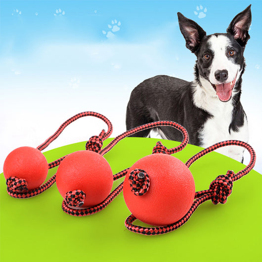 Red rubber dog ball with a red and black braided rope, featuring a knotted loop, on a light brown carpet. - Image 8