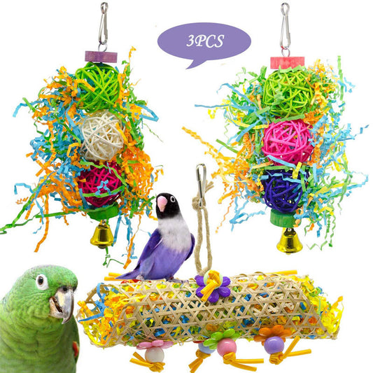 Set of 3 colorful bird toys with rattan balls, shredded paper, wooden blocks, and bells for parrots.