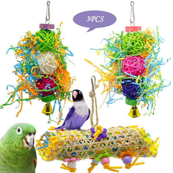 Set of 3 colorful bird toys with rattan balls, shredded paper, wooden blocks, and bells for parrots.