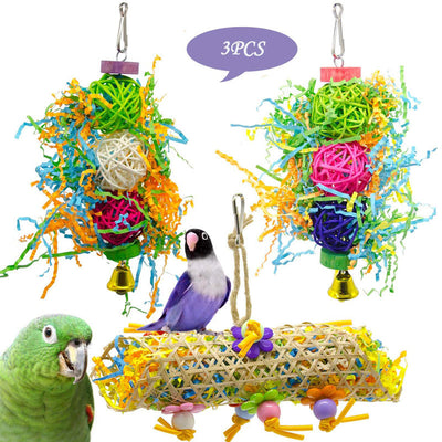 Set of 3 colorful bird toys with rattan balls, shredded paper, wooden blocks, and bells for parrots.