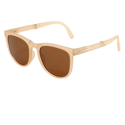 Light brown foldable women's sunglasses with round frames and brown polarized lenses on a white background. - Image 17