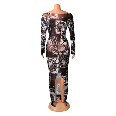 Vestido Largo de Manga Larga con Tul Transparente y Estampado - Image 17