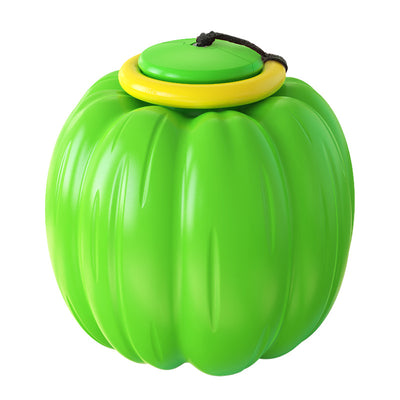 Orange pumpkin-shaped dog toy with a green top, yellow ring, and black rope, for teeth training. - Image 5
