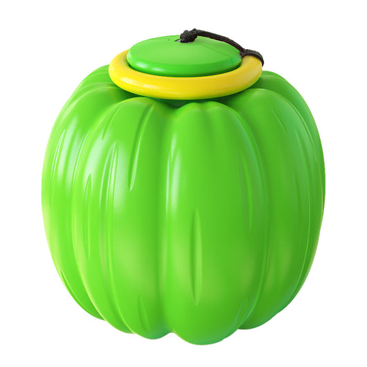 Orange pumpkin-shaped dog toy with a green top, yellow ring, and black rope, for teeth training. - Image 5