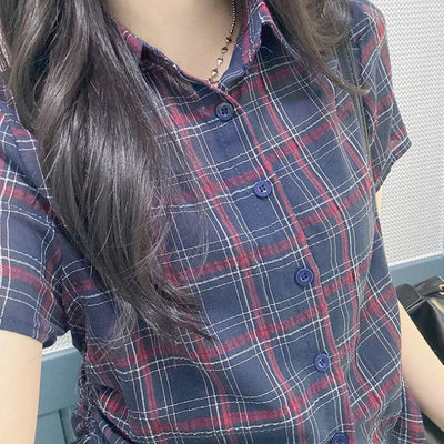 Camisa Cuadrille Retro con Pliegues Elegantes y Manga Corta - Image 28