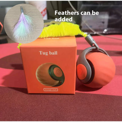 Orange automatic cat toy car with a yellow pipe cleaner attachment, shown next to its orange packaging box. - Image 7