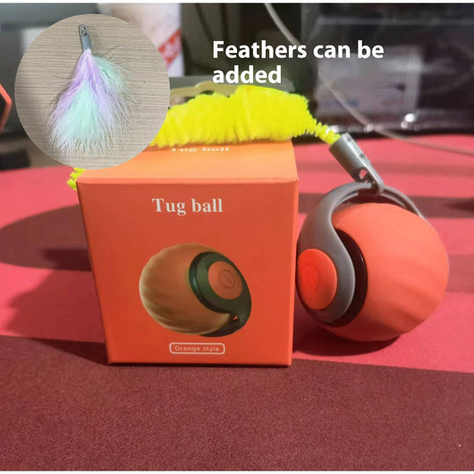 Orange automatic cat toy car with a yellow pipe cleaner attachment, shown next to its orange packaging box. - Image 7