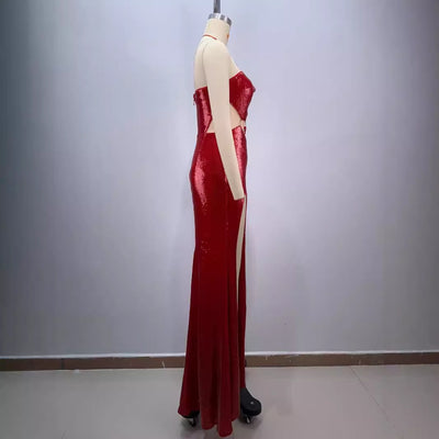 Vestido Rojo con Lentejuelas, Hombro Inclinado y Corte Midriff - Image 5