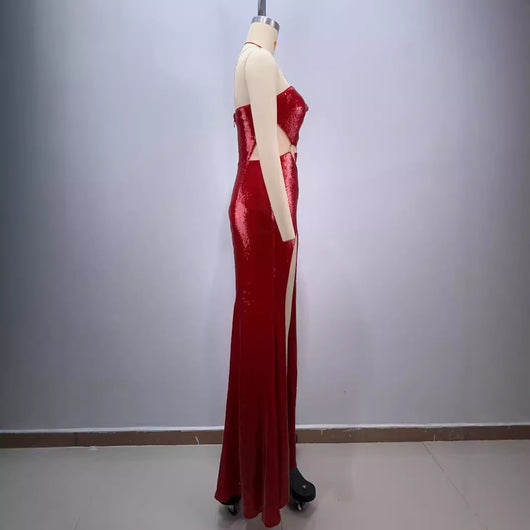 Vestido Rojo con Lentejuelas, Hombro Inclinado y Corte Midriff - Image 5