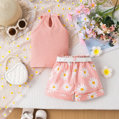 Conjunto Infantil de Shorts Estampados con Cinturón y Top Halter de Color Liso - Image 3