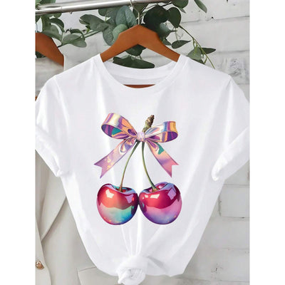 Blusa Cuello Redondo Manga Corta con Detalles de Cereza y Lazo - Image 2