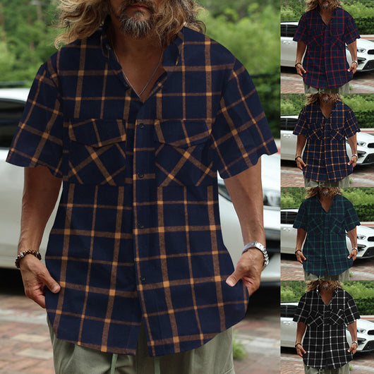 Camisa Casual de Cuadros Patchwork con Botones y Manga Corta - Image 23