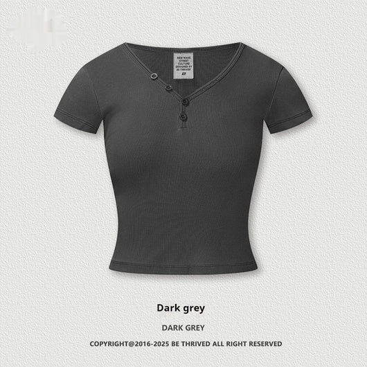 Blusa Retro Americana Slim Fit Cuello V Manga Corta - Image 4