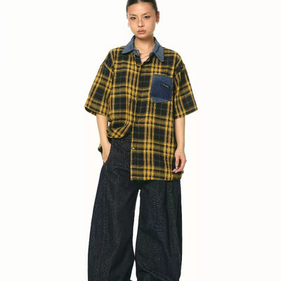 Camisa Retro de Cuadros Patchwork Contraste - Manga Corta Verano - Image 11