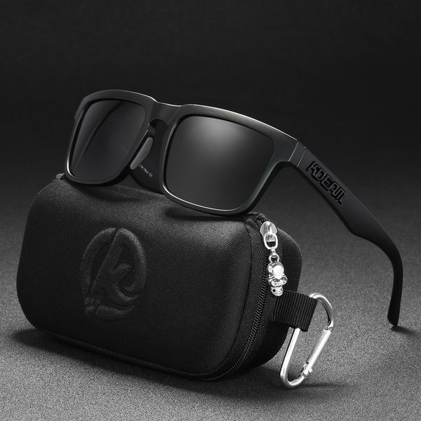 Men's and women's dazzling blue and black striped polarized sunglasses with gray lenses and a black case. - Image 22