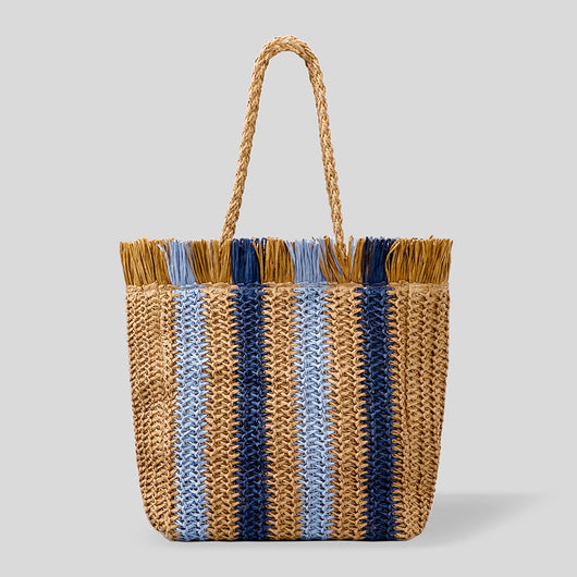 Bolsa Tote Artesanal de Rafia con Rayas y Flecos para Viajes Diarios - Image 4