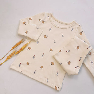 Light yellow infant long-sleeved pajama set with milk bottle and cookie print, suitable for homewear. - Image 5