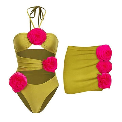 Chartreuse one-piece swimsuit with hot pink floral bust and matching mini skirt with side floral appliques. - Image 7
