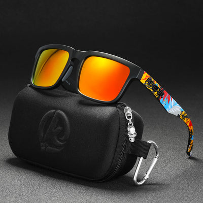 Men's and women's dazzling blue and black striped polarized sunglasses with gray lenses and a black case. - Image 66