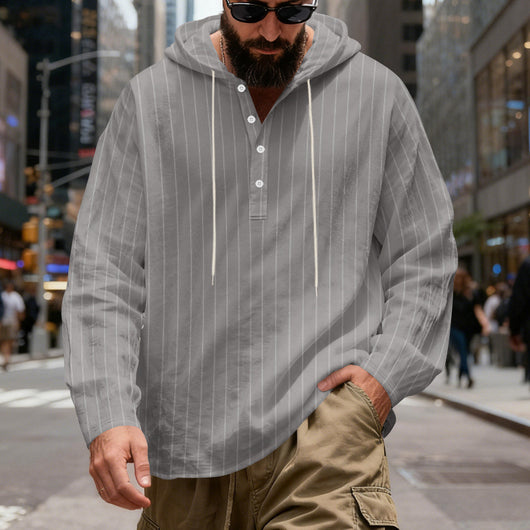 Camisa Lino Holgada Talla Grande Hombre a Rayas con Capucha - Image 4