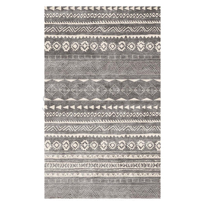 Rectangular area rug with white background and horizontal stripes of black, teal, and yellow tribal patterns. - Image 32