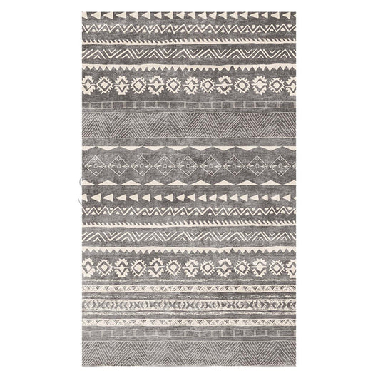 Rectangular area rug with white background and horizontal stripes of black, teal, and yellow tribal patterns. - Image 32