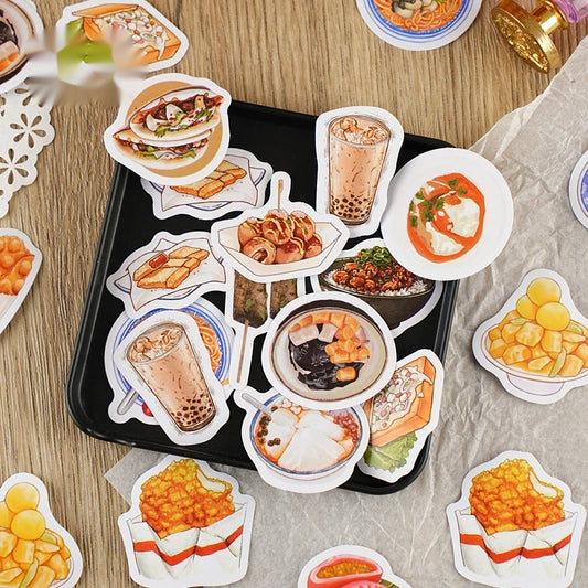 Box-packed set of 46 retro-style night market snack stickers, featuring illustrations of various foods and drinks. - Image 2