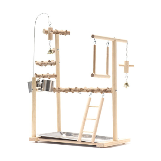 Wooden bird playground stand with multiple perches, ladder, two stainless steel bowls, and two hanging bells. - Image 2