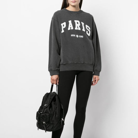 Suéter de Algodón para Mujer con Letras PARIS Cuello Redondo en Negro y Gris