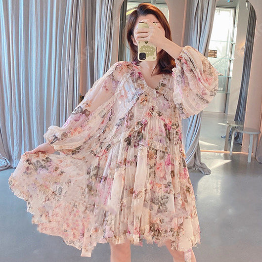 Vestido Largo Floral con Cintura Ajustada y Mangas Farol - Image 3