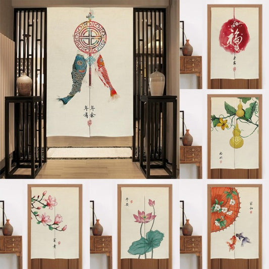 Chinese style fabric door curtain with cherry blossoms, colorful lanterns, and a white cat walking on a beige background.