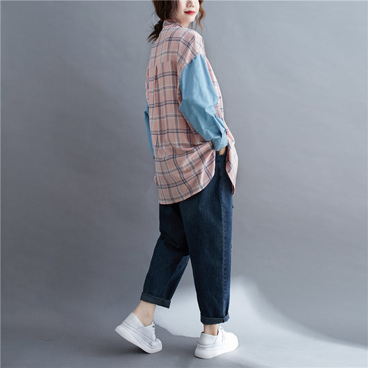 Camisa Oversized de Patchwork Manga Larga Suelta - Image 18